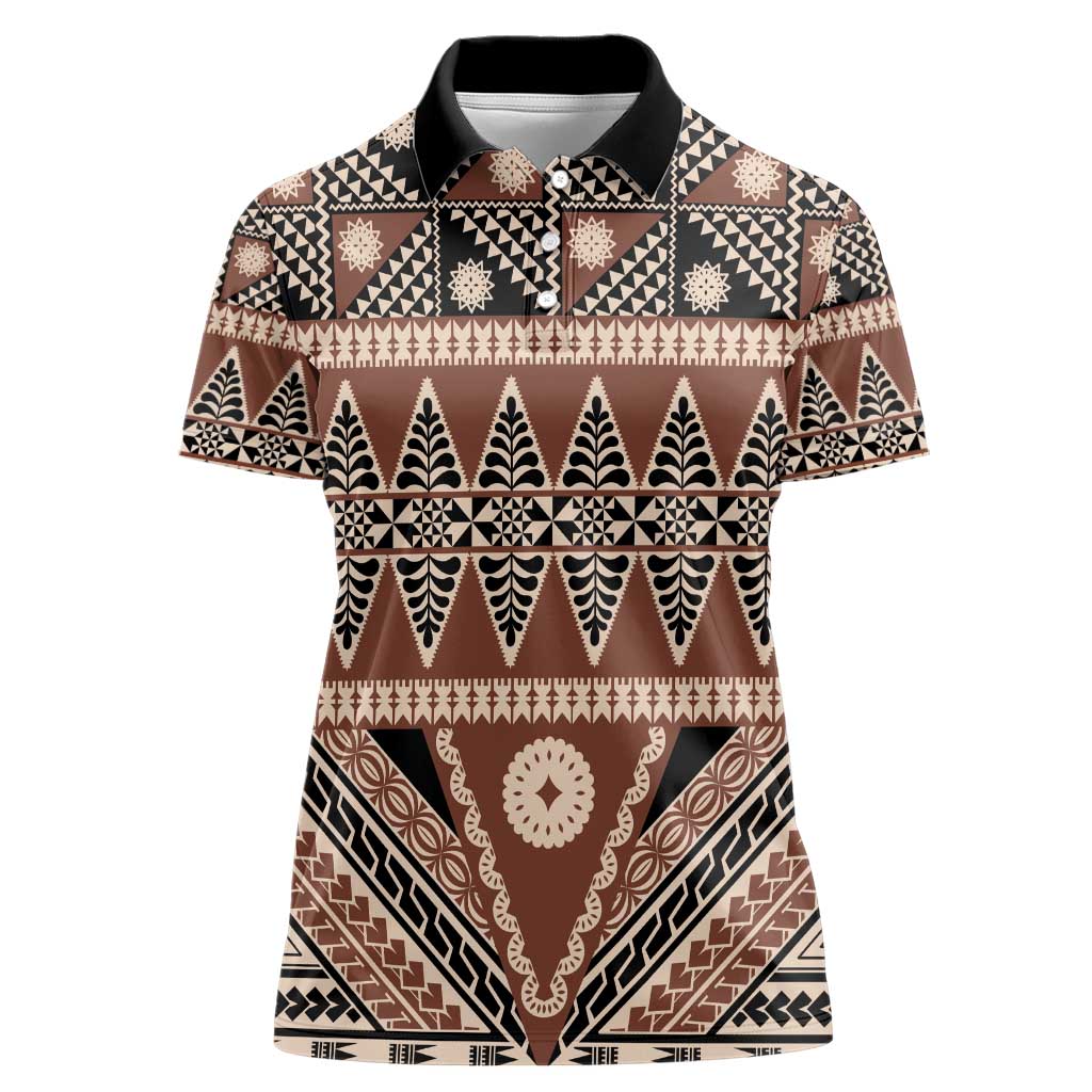 Vintage Bula Fiji Women Polo Shirt Brown Tapa Masi Motif LT9 Female Brown - Polynesian Pride