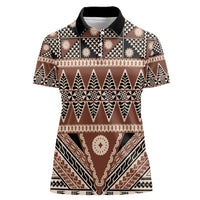 Vintage Bula Fiji Women Polo Shirt Brown Tapa Masi Motif LT9 Female Brown - Polynesian Pride