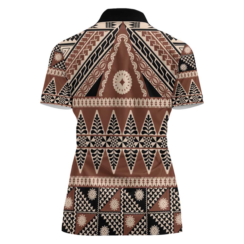 Vintage Bula Fiji Women Polo Shirt Brown Tapa Masi Motif LT9 - Polynesian Pride