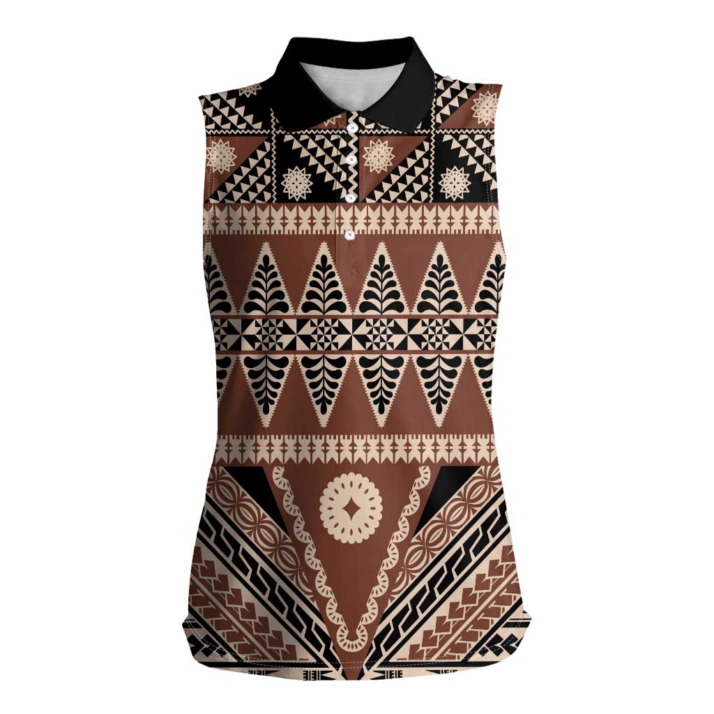 Vintage Bula Fiji Women Sleeveless Polo Shirt Brown Tapa Masi Motif LT9 Female Brown - Polynesian Pride