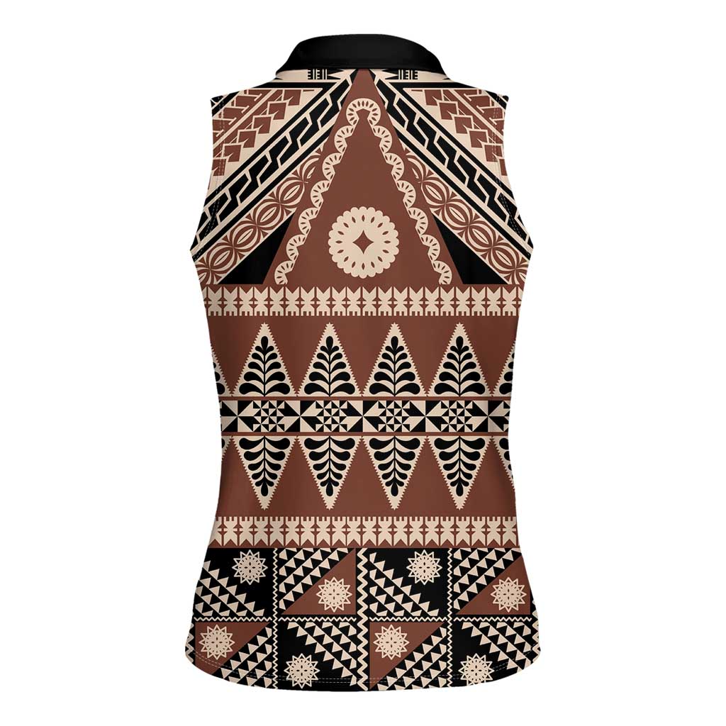 Vintage Bula Fiji Women Sleeveless Polo Shirt Brown Tapa Masi Motif LT9 - Polynesian Pride