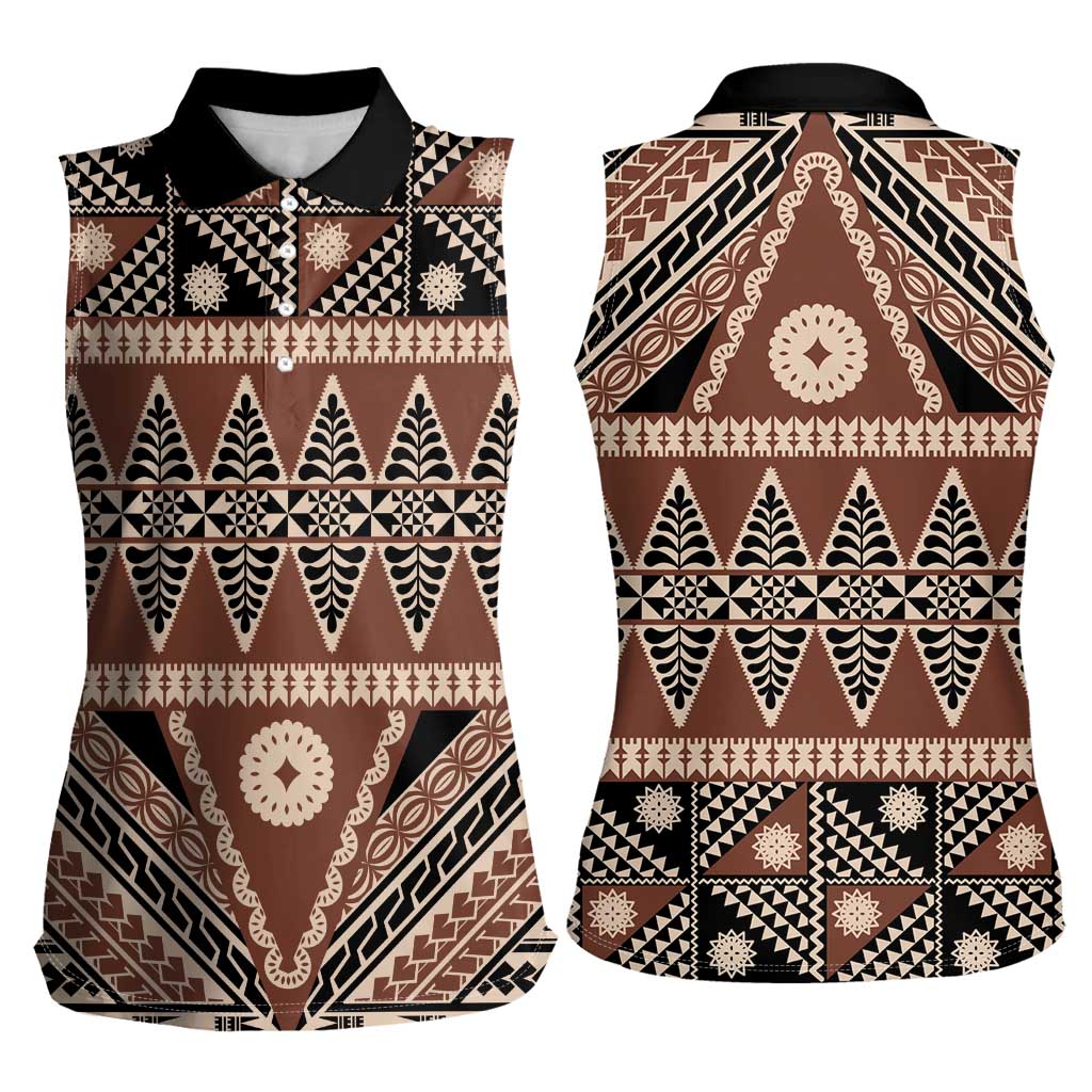 Vintage Bula Fiji Women Sleeveless Polo Shirt Brown Tapa Masi Motif LT9 - Polynesian Pride