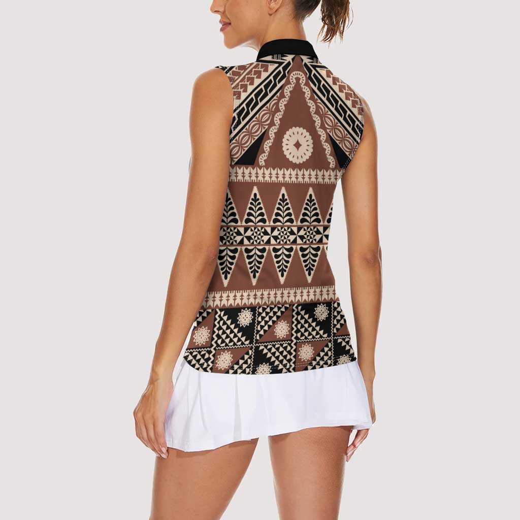 Vintage Bula Fiji Women Sleeveless Polo Shirt Brown Tapa Masi Motif LT9 - Polynesian Pride
