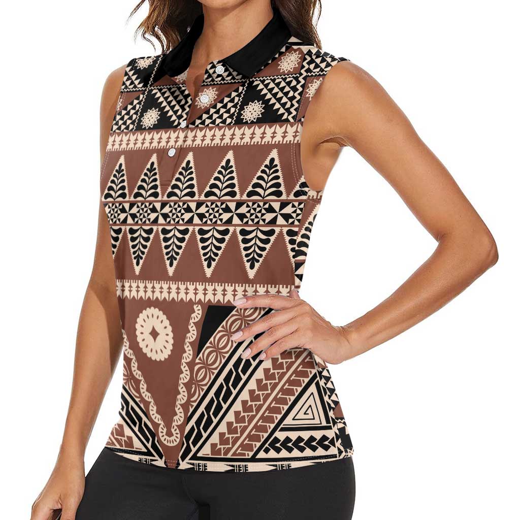 Vintage Bula Fiji Women Sleeveless Polo Shirt Brown Tapa Masi Motif LT9 - Polynesian Pride