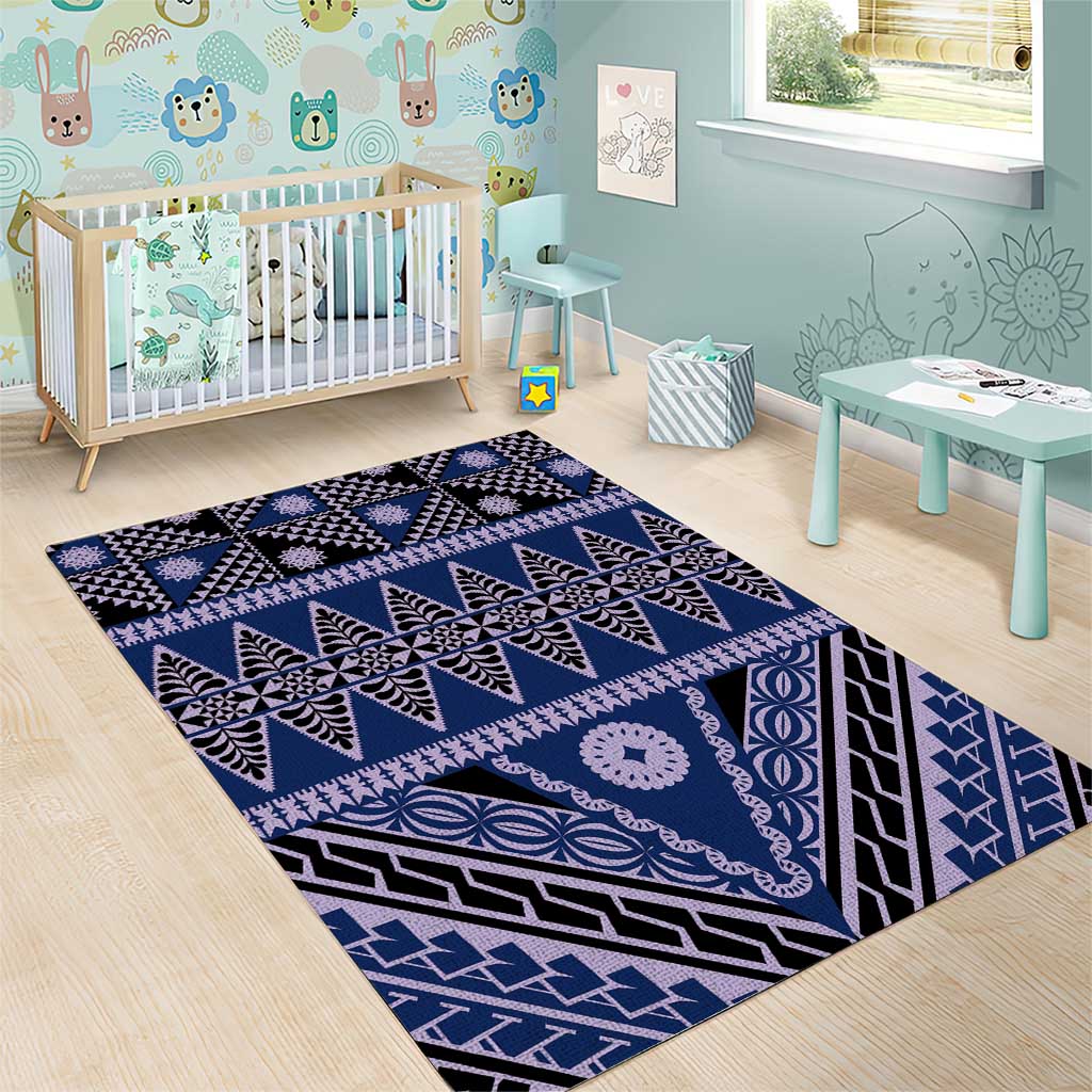 Vintage Bula Fiji Area Rug Prussian Blue Tapa Masi Motif
