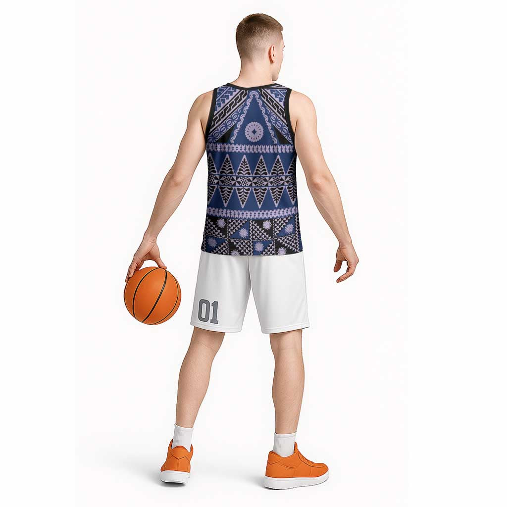 Vintage Bula Fiji Basketball Jersey Prussian Blue Tapa Masi Motif - Polynesian Pride