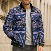Vintage Bula Fiji Bomber Puffer Jacket Prussian Blue Tapa Masi Motif - Polynesian Pride