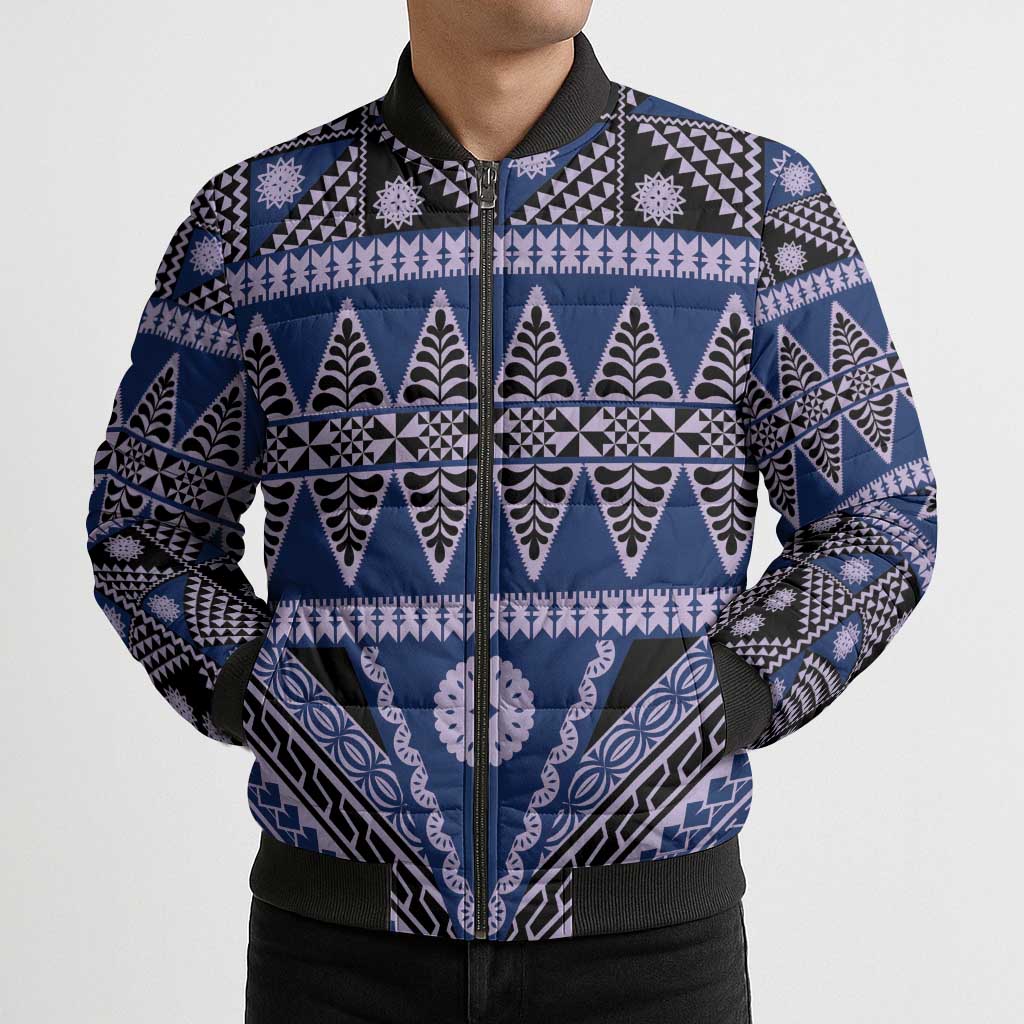 Vintage Bula Fiji Bomber Puffer Jacket Prussian Blue Tapa Masi Motif - Polynesian Pride