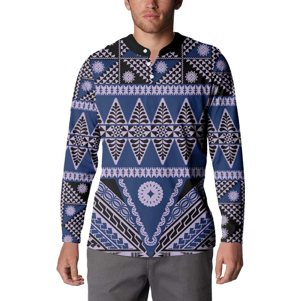 Vintage Bula Fiji Button Sweatshirt Prussian Blue Tapa Masi Motif