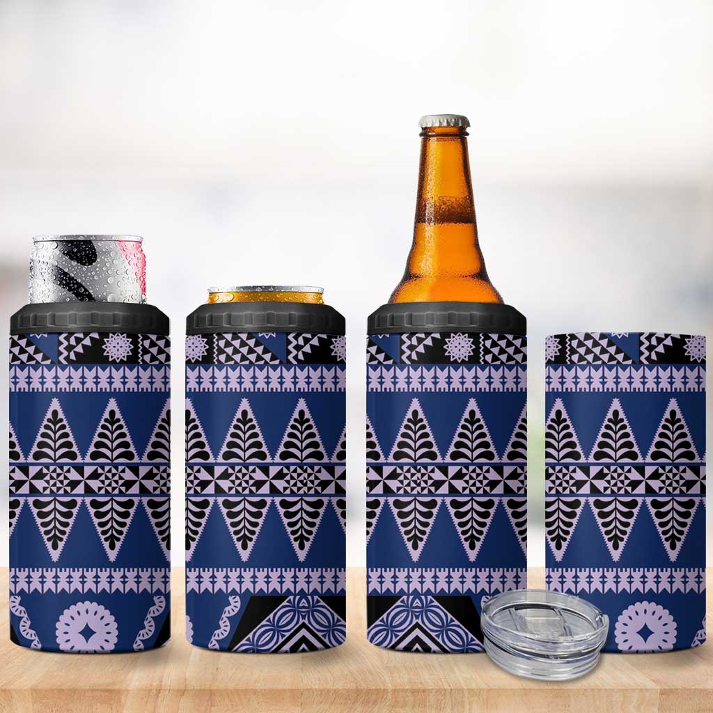 Vintage Bula Fiji 4 in 1 Can Cooler Tumbler Prussian Blue Tapa Masi Motif LT9 - Polynesian Pride