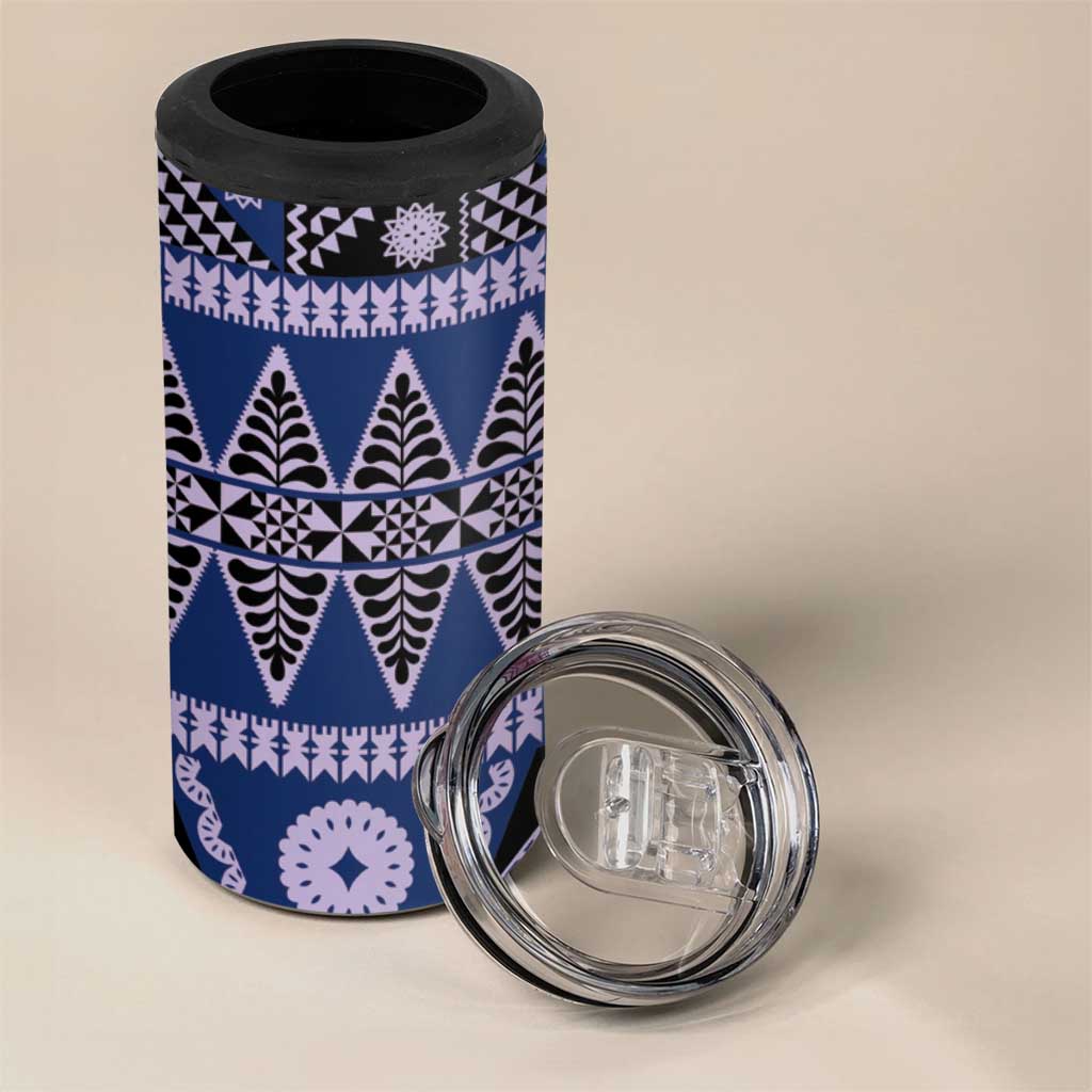 Vintage Bula Fiji 4 in 1 Can Cooler Tumbler Prussian Blue Tapa Masi Motif LT9 - Polynesian Pride