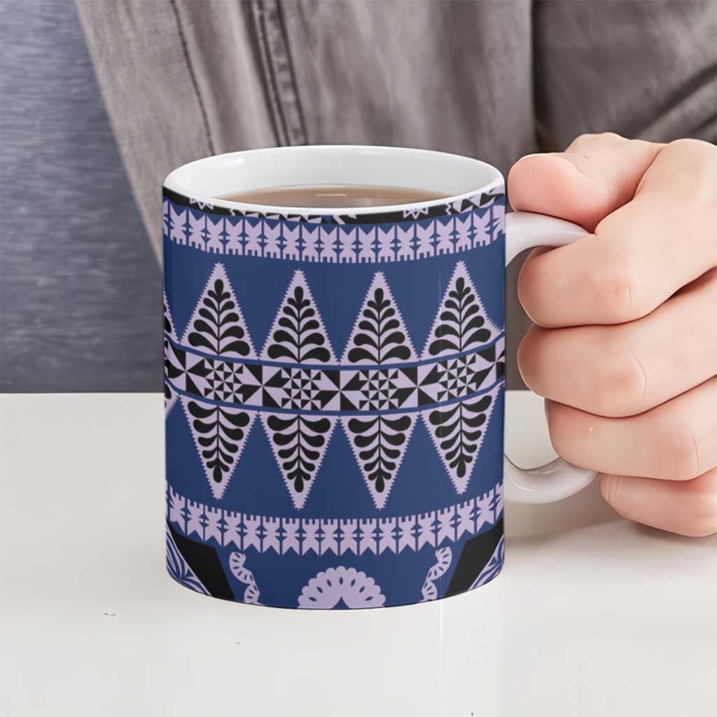 Vintage Bula Fiji Ceramic Mug Prussian Blue Tapa Masi Motif - Polynesian Pride