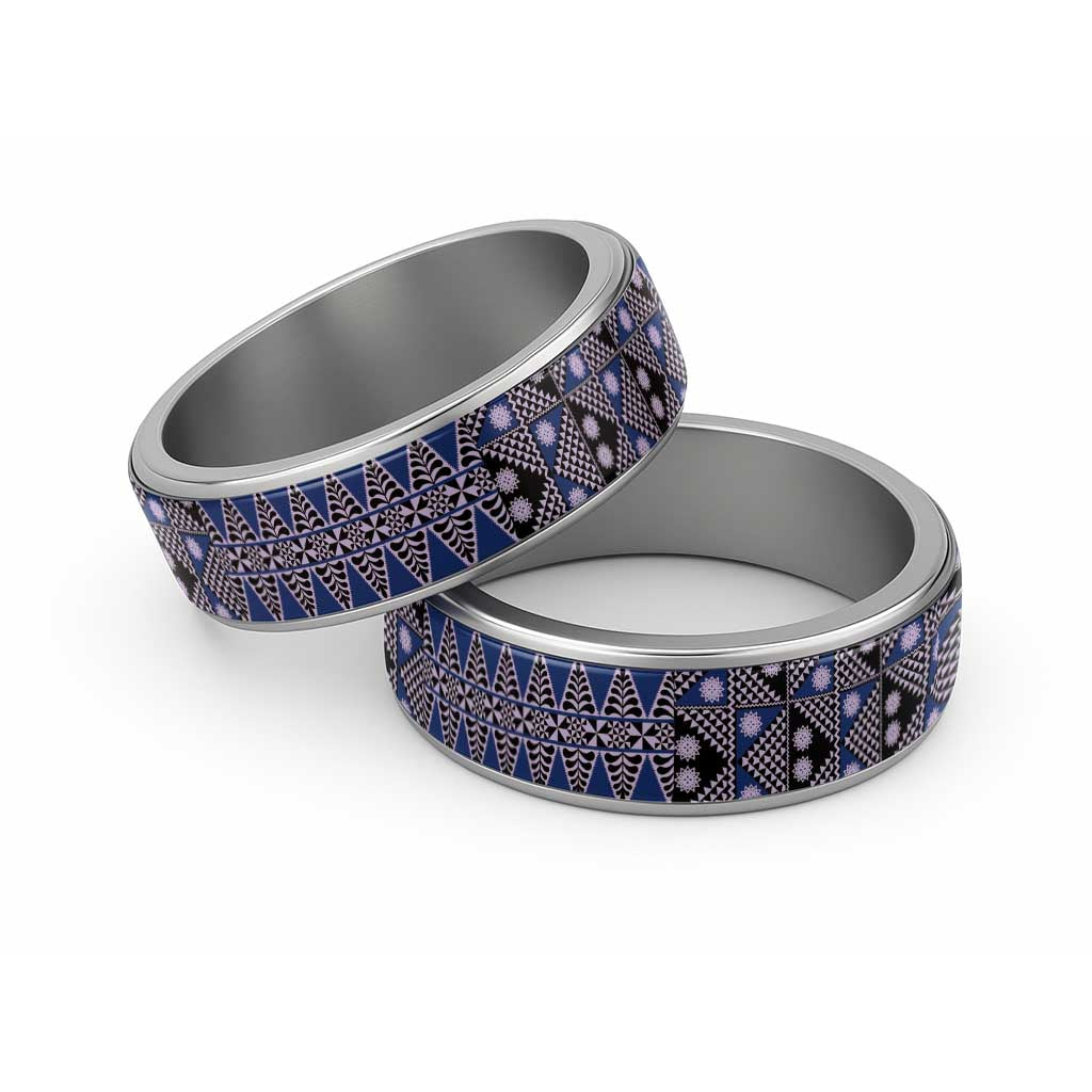Vintage Bula Fiji Classic Ring Prussian Blue Tapa Masi Motif - Polynesian Pride