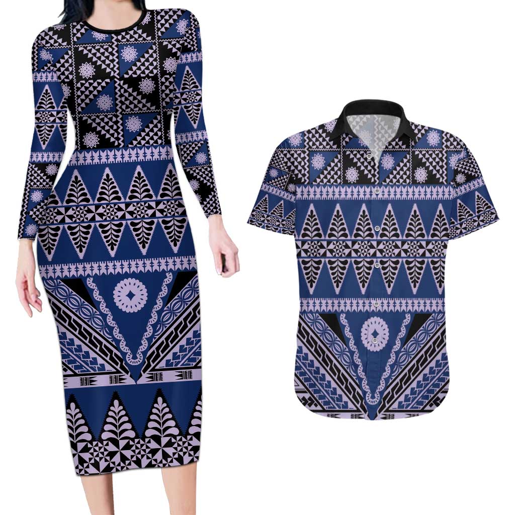 Vintage Bula Fiji Couples Matching Long Sleeve Bodycon Dress and Hawaiian Shirt Prussian Blue Tapa Masi Motif