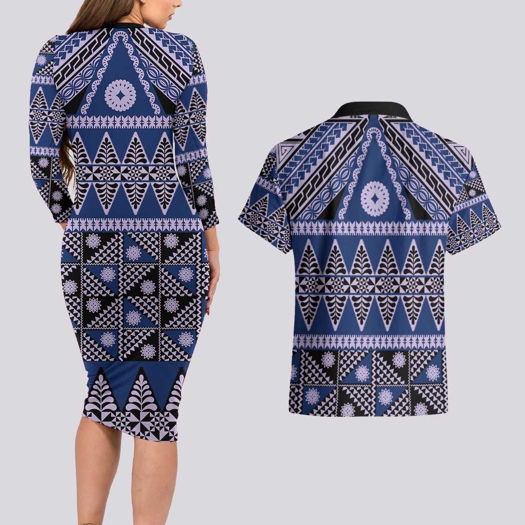 Vintage Bula Fiji Couples Matching Long Sleeve Bodycon Dress and Hawaiian Shirt Prussian Blue Tapa Masi Motif LT9 - Polynesian Pride
