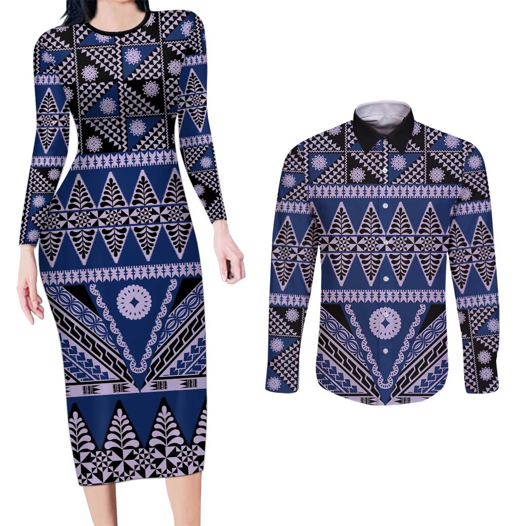 Vintage Bula Fiji Couples Matching Long Sleeve Bodycon Dress and Long Sleeve Button Shirt Prussian Blue Tapa Masi Motif LT9 Blue - Polynesian Pride