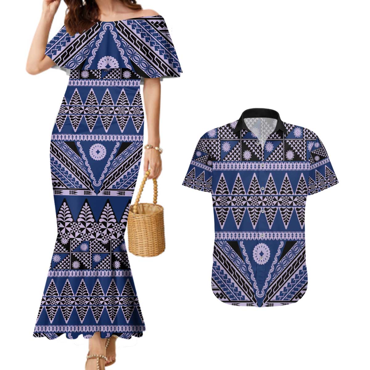 Vintage Bula Fiji Couples Matching Mermaid Dress and Hawaiian Shirt Prussian Blue Tapa Masi Motif