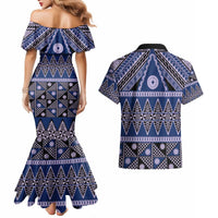 Vintage Bula Fiji Couples Matching Mermaid Dress and Hawaiian Shirt Prussian Blue Tapa Masi Motif LT9 - Polynesian Pride