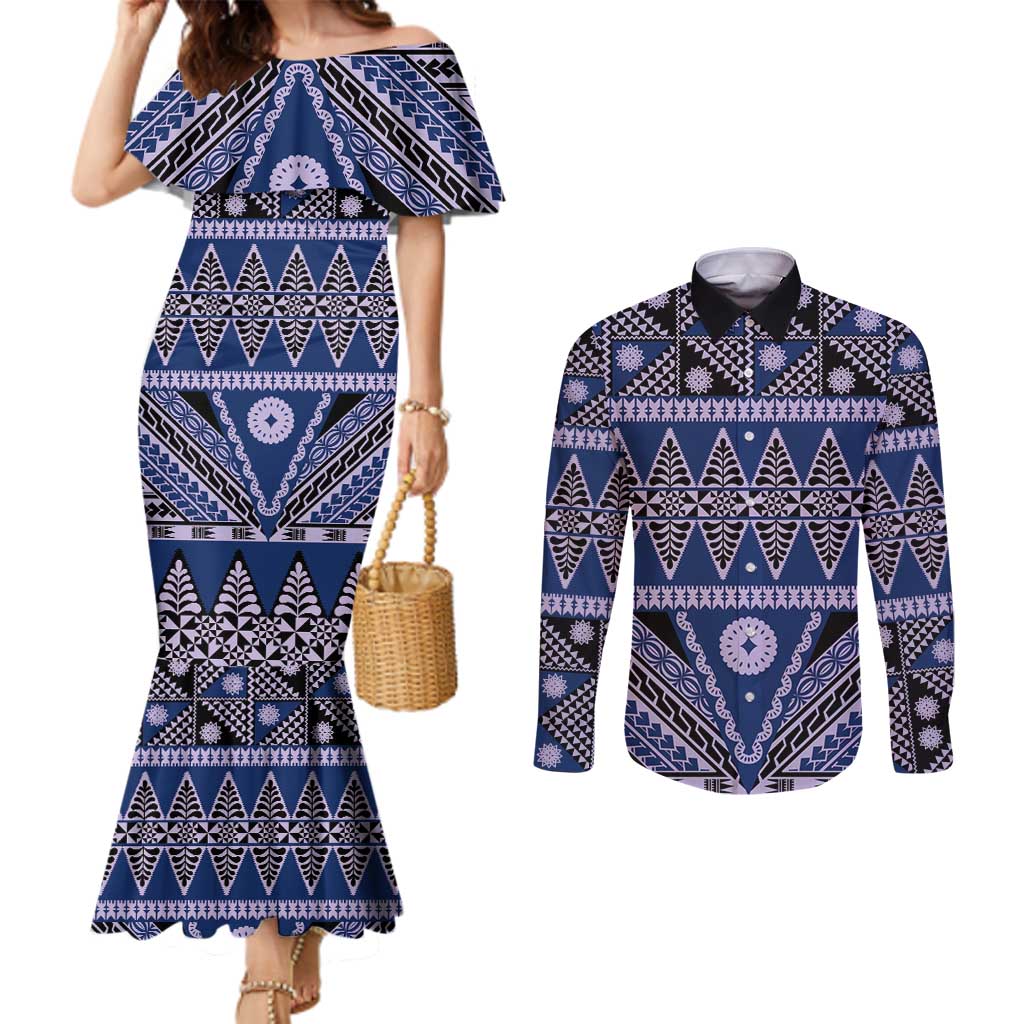 Vintage Bula Fiji Couples Matching Mermaid Dress and Long Sleeve Button Shirt Prussian Blue Tapa Masi Motif LT9 Blue - Polynesian Pride