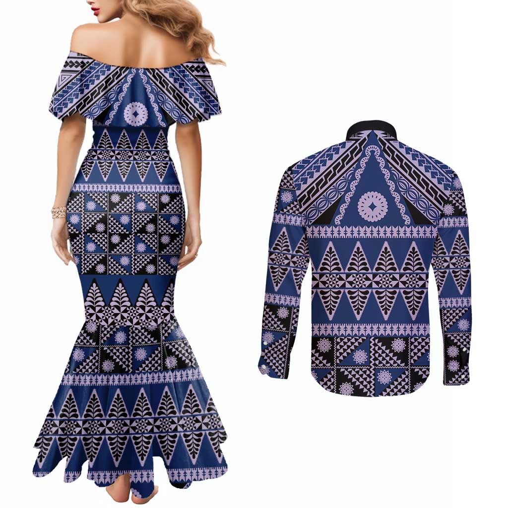 Vintage Bula Fiji Couples Matching Mermaid Dress and Long Sleeve Button Shirt Prussian Blue Tapa Masi Motif LT9 - Polynesian Pride