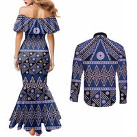 Vintage Bula Fiji Couples Matching Mermaid Dress and Long Sleeve Button Shirt Prussian Blue Tapa Masi Motif LT9 - Polynesian Pride