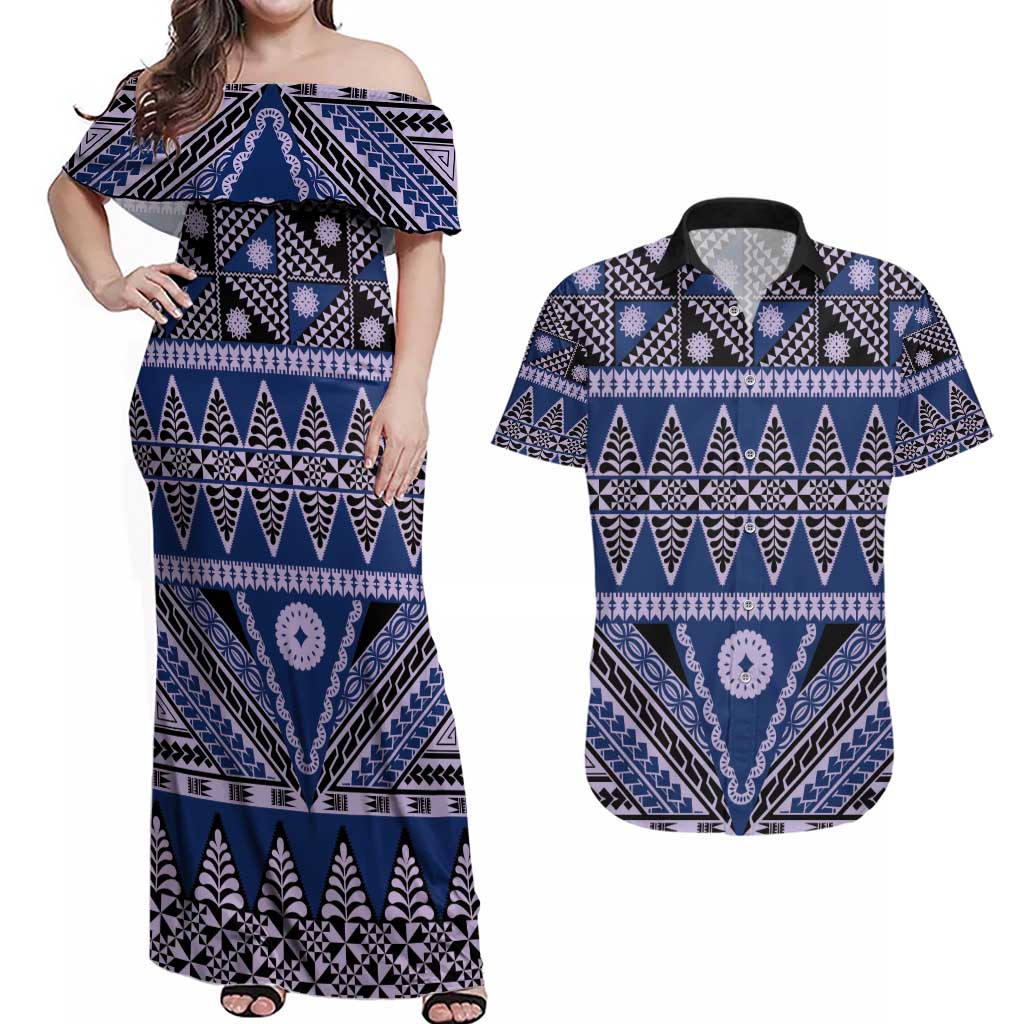 Vintage Bula Fiji Couples Matching Off Shoulder Maxi Dress and Hawaiian Shirt Prussian Blue Tapa Masi Motif