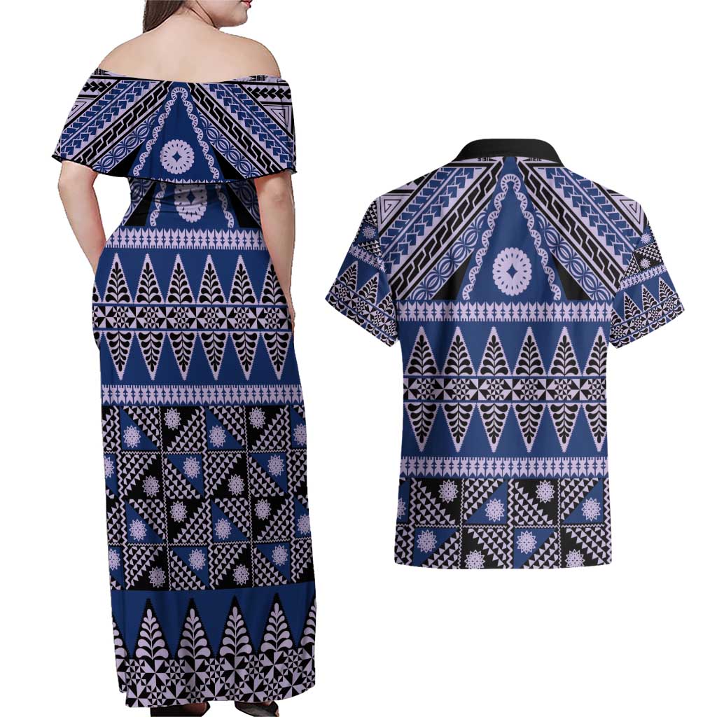 Vintage Bula Fiji Couples Matching Off Shoulder Maxi Dress and Hawaiian Shirt Prussian Blue Tapa Masi Motif LT9 - Polynesian Pride