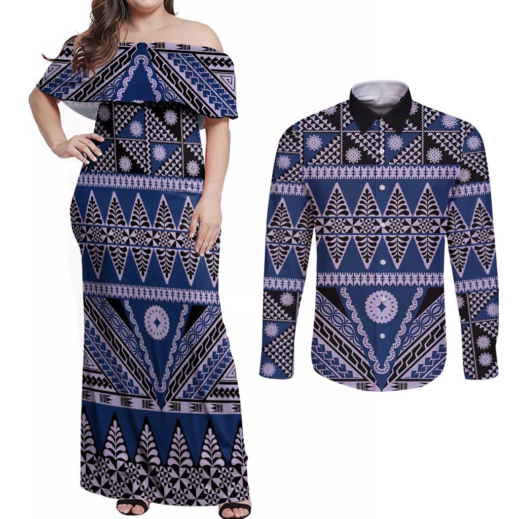Vintage Bula Fiji Couples Matching Off Shoulder Maxi Dress and Long Sleeve Button Shirt Prussian Blue Tapa Masi Motif LT9 Blue - Polynesian Pride