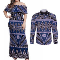 Vintage Bula Fiji Couples Matching Off Shoulder Maxi Dress and Long Sleeve Button Shirt Prussian Blue Tapa Masi Motif LT9 Blue - Polynesian Pride