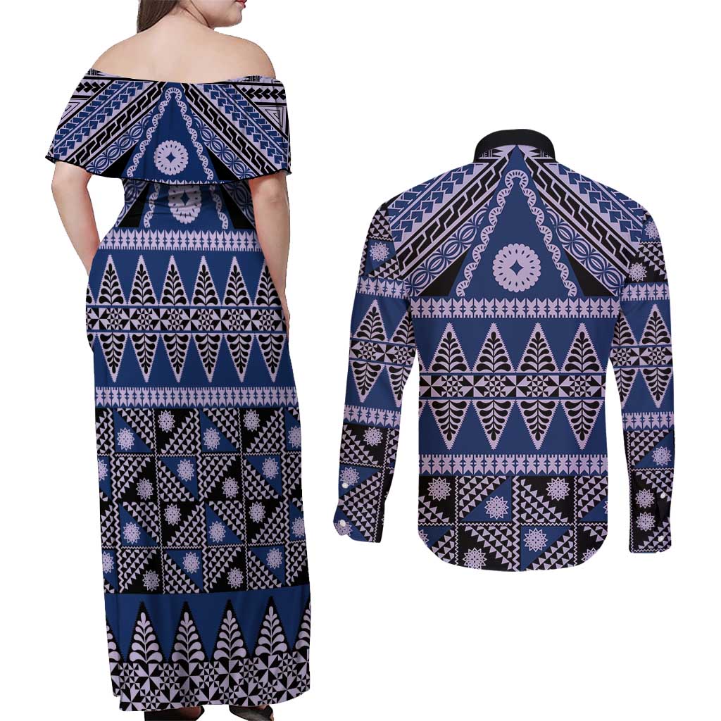 Vintage Bula Fiji Couples Matching Off Shoulder Maxi Dress and Long Sleeve Button Shirt Prussian Blue Tapa Masi Motif LT9 - Polynesian Pride