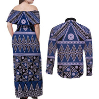 Vintage Bula Fiji Couples Matching Off Shoulder Maxi Dress and Long Sleeve Button Shirt Prussian Blue Tapa Masi Motif LT9 - Polynesian Pride