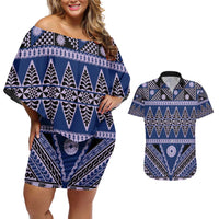 Vintage Bula Fiji Couples Matching Off Shoulder Short Dress and Hawaiian Shirt Prussian Blue Tapa Masi Motif LT9 Blue - Polynesian Pride