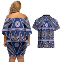 Vintage Bula Fiji Couples Matching Off Shoulder Short Dress and Hawaiian Shirt Prussian Blue Tapa Masi Motif LT9 - Polynesian Pride