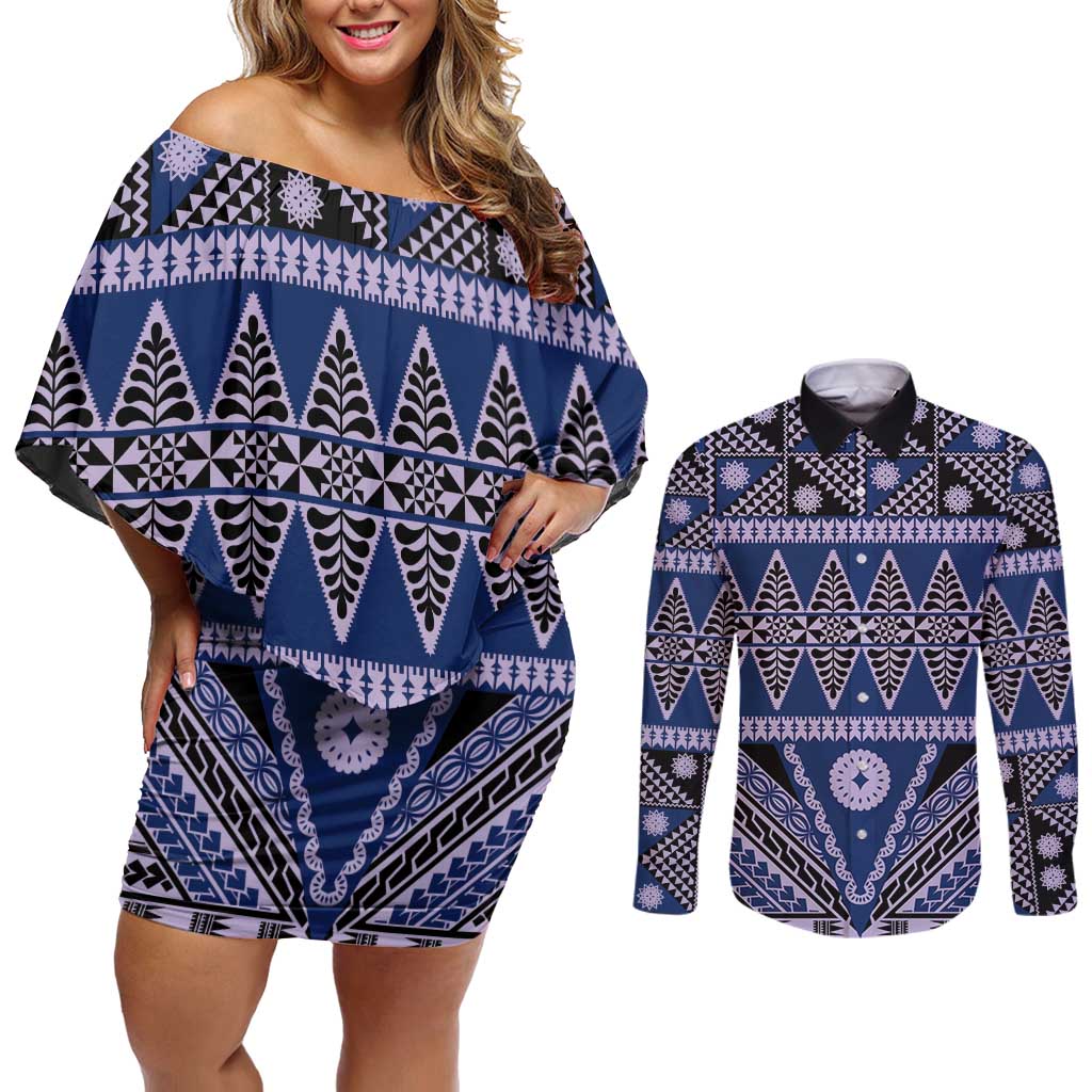 Vintage Bula Fiji Couples Matching Off Shoulder Short Dress and Long Sleeve Button Shirt Prussian Blue Tapa Masi Motif LT9 Blue - Polynesian Pride