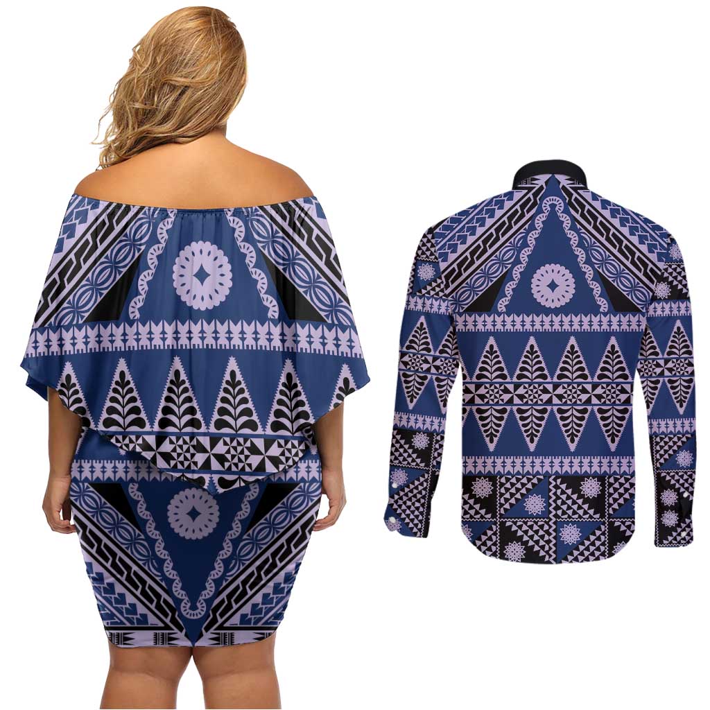 Vintage Bula Fiji Couples Matching Off Shoulder Short Dress and Long Sleeve Button Shirt Prussian Blue Tapa Masi Motif LT9 - Polynesian Pride