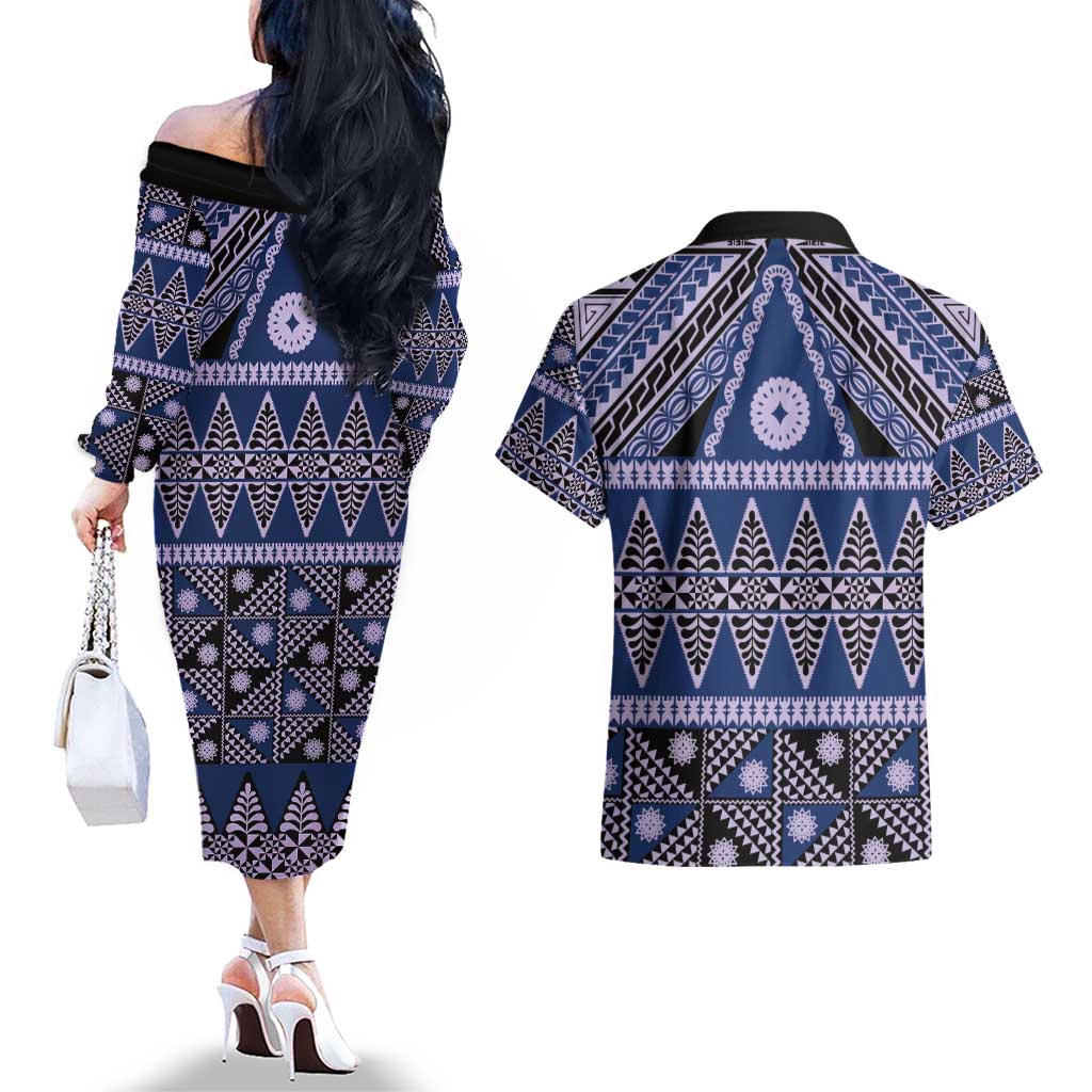 Vintage Bula Fiji Couples Matching Off The Shoulder Long Sleeve Dress and Hawaiian Shirt Prussian Blue Tapa Masi Motif LT9 - Polynesian Pride