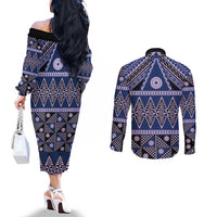 Vintage Bula Fiji Couples Matching Off The Shoulder Long Sleeve Dress and Long Sleeve Button Shirt Prussian Blue Tapa Masi Motif LT9 - Polynesian Pride