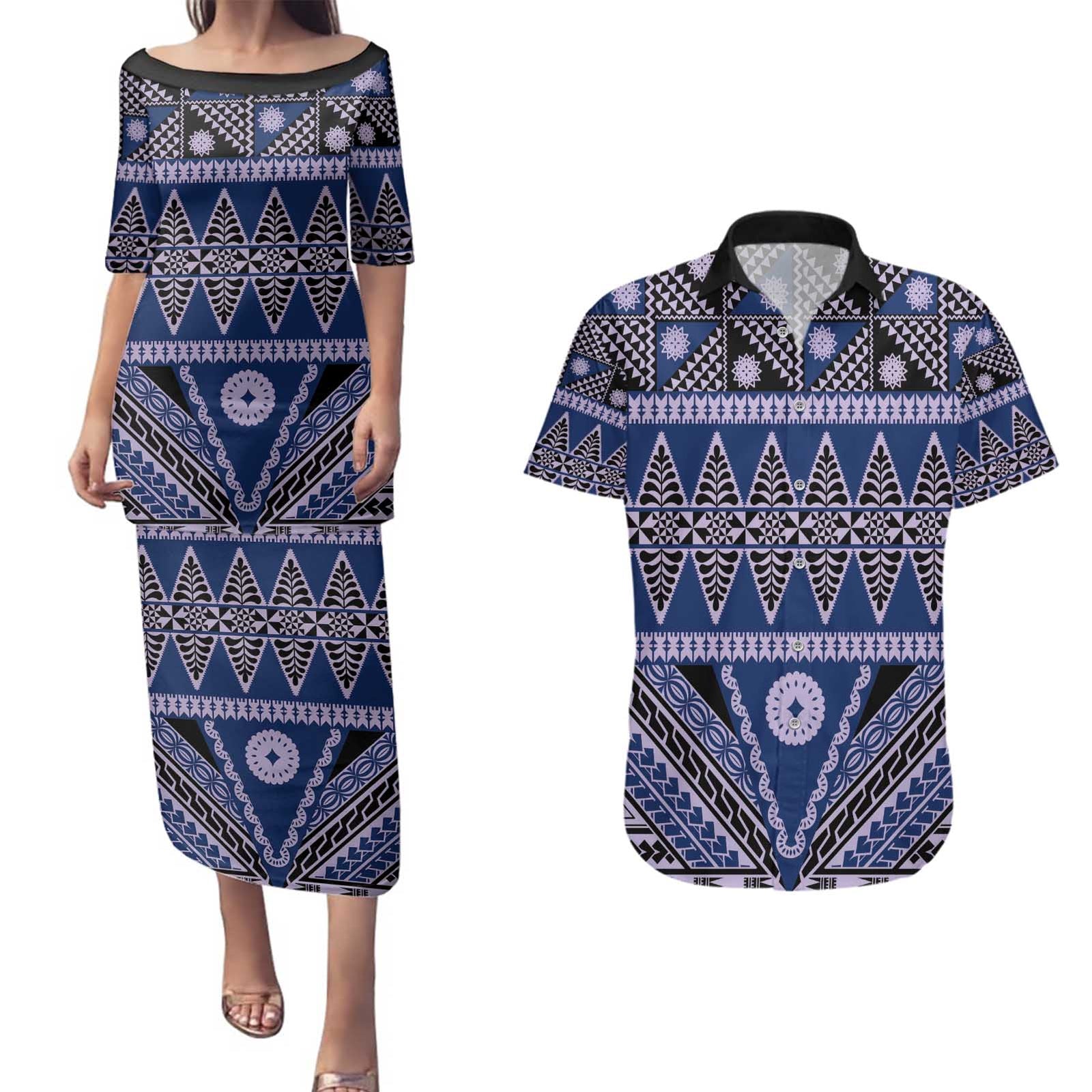 Vintage Bula Fiji Couples Matching Puletasi and Hawaiian Shirt Prussian Blue Tapa Masi Motif