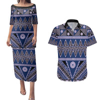 Vintage Bula Fiji Couples Matching Puletasi and Hawaiian Shirt Prussian Blue Tapa Masi Motif LT9 Blue - Polynesian Pride