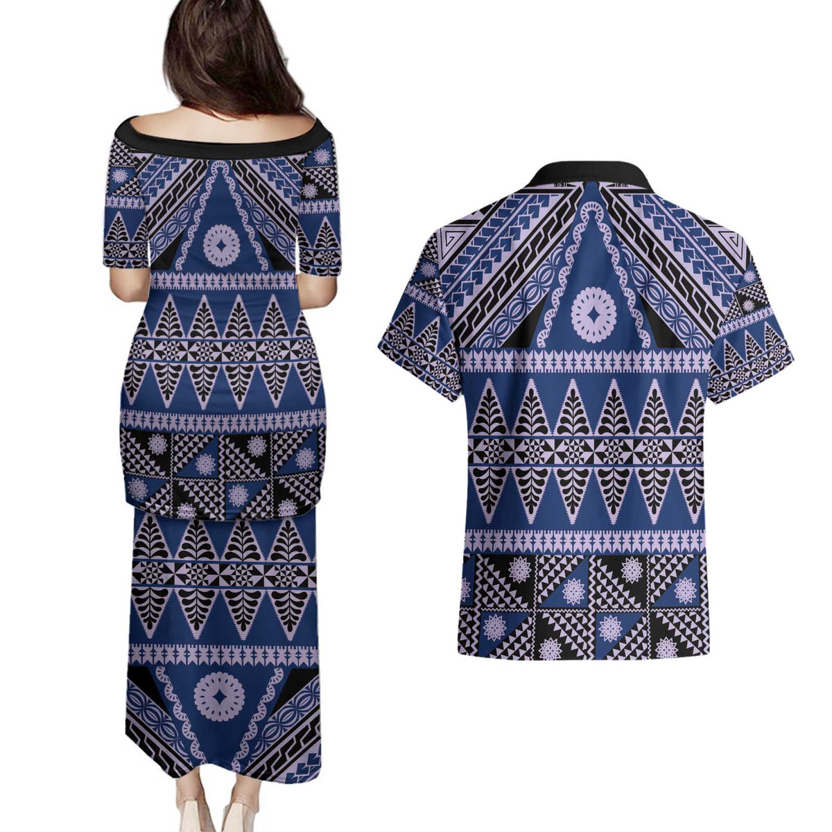 Vintage Bula Fiji Couples Matching Puletasi and Hawaiian Shirt Prussian Blue Tapa Masi Motif LT9 - Polynesian Pride