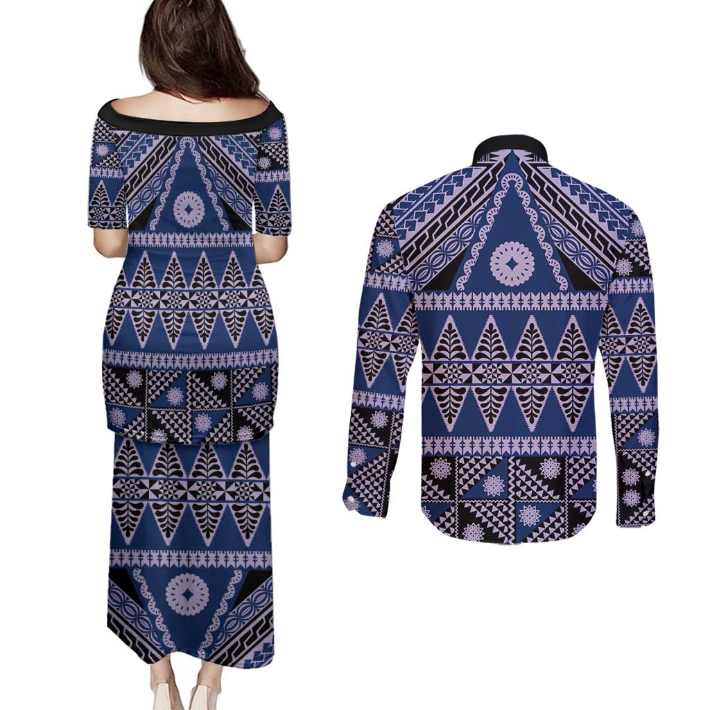 Vintage Bula Fiji Couples Matching Puletasi and Long Sleeve Button Shirt Prussian Blue Tapa Masi Motif LT9 - Polynesian Pride