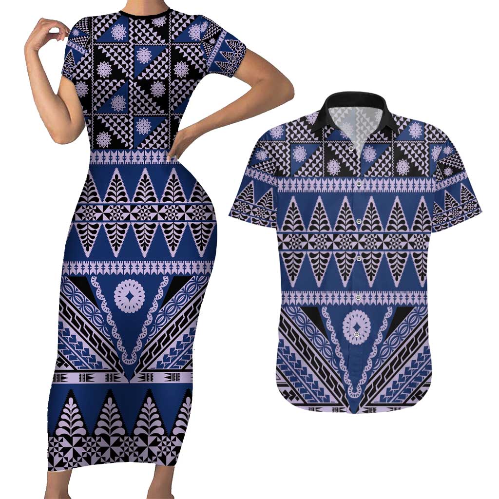 Vintage Bula Fiji Couples Matching Short Sleeve Bodycon Dress and Hawaiian Shirt Prussian Blue Tapa Masi Motif LT9 Blue - Polynesian Pride