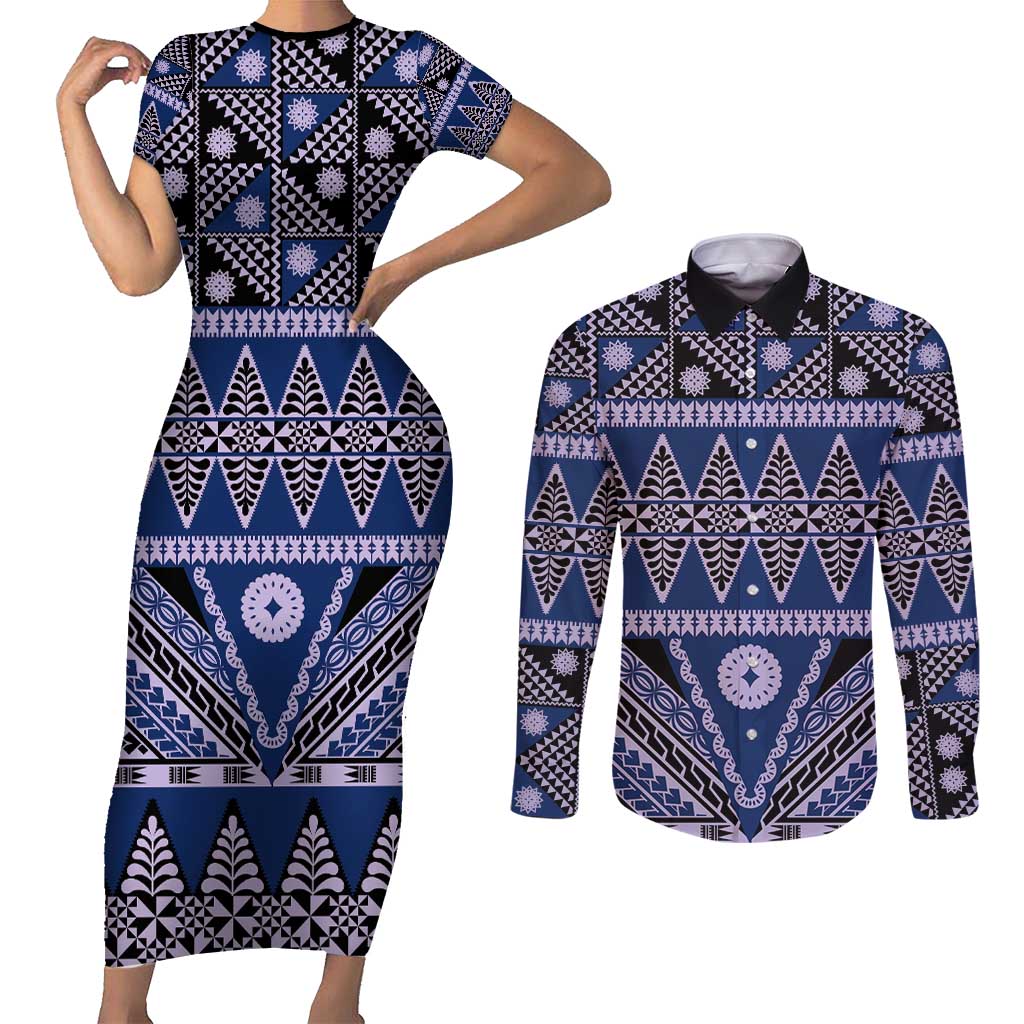 Vintage Bula Fiji Couples Matching Short Sleeve Bodycon Dress and Long Sleeve Button Shirt Prussian Blue Tapa Masi Motif LT9 Blue - Polynesian Pride