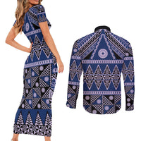 Vintage Bula Fiji Couples Matching Short Sleeve Bodycon Dress and Long Sleeve Button Shirt Prussian Blue Tapa Masi Motif LT9 - Polynesian Pride