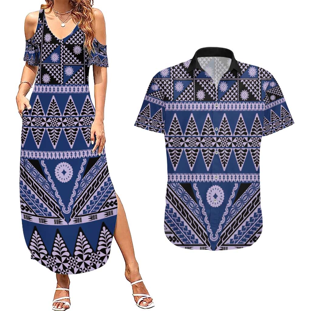 Vintage Bula Fiji Couples Matching Summer Maxi Dress and Hawaiian Shirt Prussian Blue Tapa Masi Motif LT9 Blue - Polynesian Pride