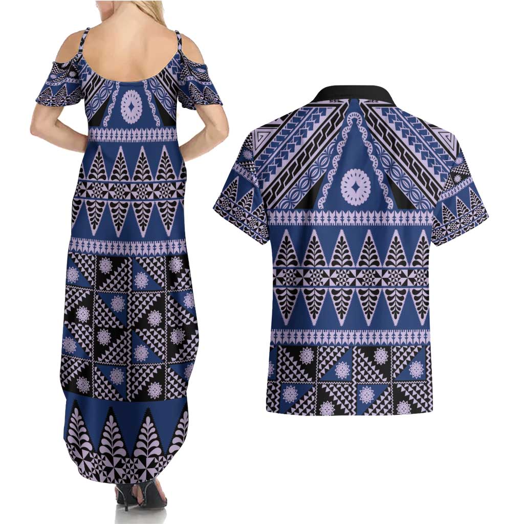 Vintage Bula Fiji Couples Matching Summer Maxi Dress and Hawaiian Shirt Prussian Blue Tapa Masi Motif LT9 - Polynesian Pride