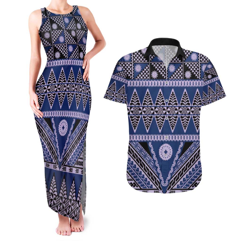 Vintage Bula Fiji Couples Matching Tank Maxi Dress and Hawaiian Shirt Prussian Blue Tapa Masi Motif LT9 Blue - Polynesian Pride