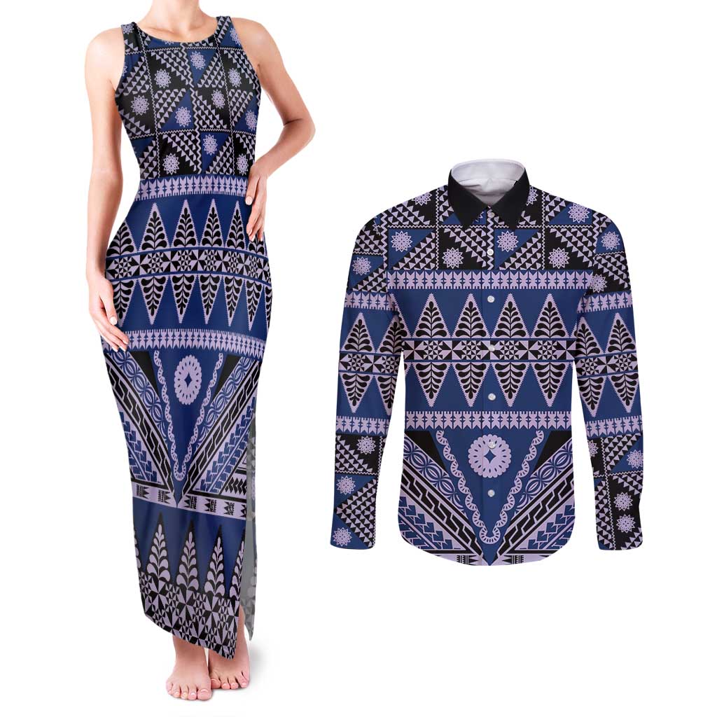 Vintage Bula Fiji Couples Matching Tank Maxi Dress and Long Sleeve Button Shirt Prussian Blue Tapa Masi Motif LT9 Blue - Polynesian Pride