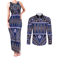 Vintage Bula Fiji Couples Matching Tank Maxi Dress and Long Sleeve Button Shirt Prussian Blue Tapa Masi Motif LT9 Blue - Polynesian Pride