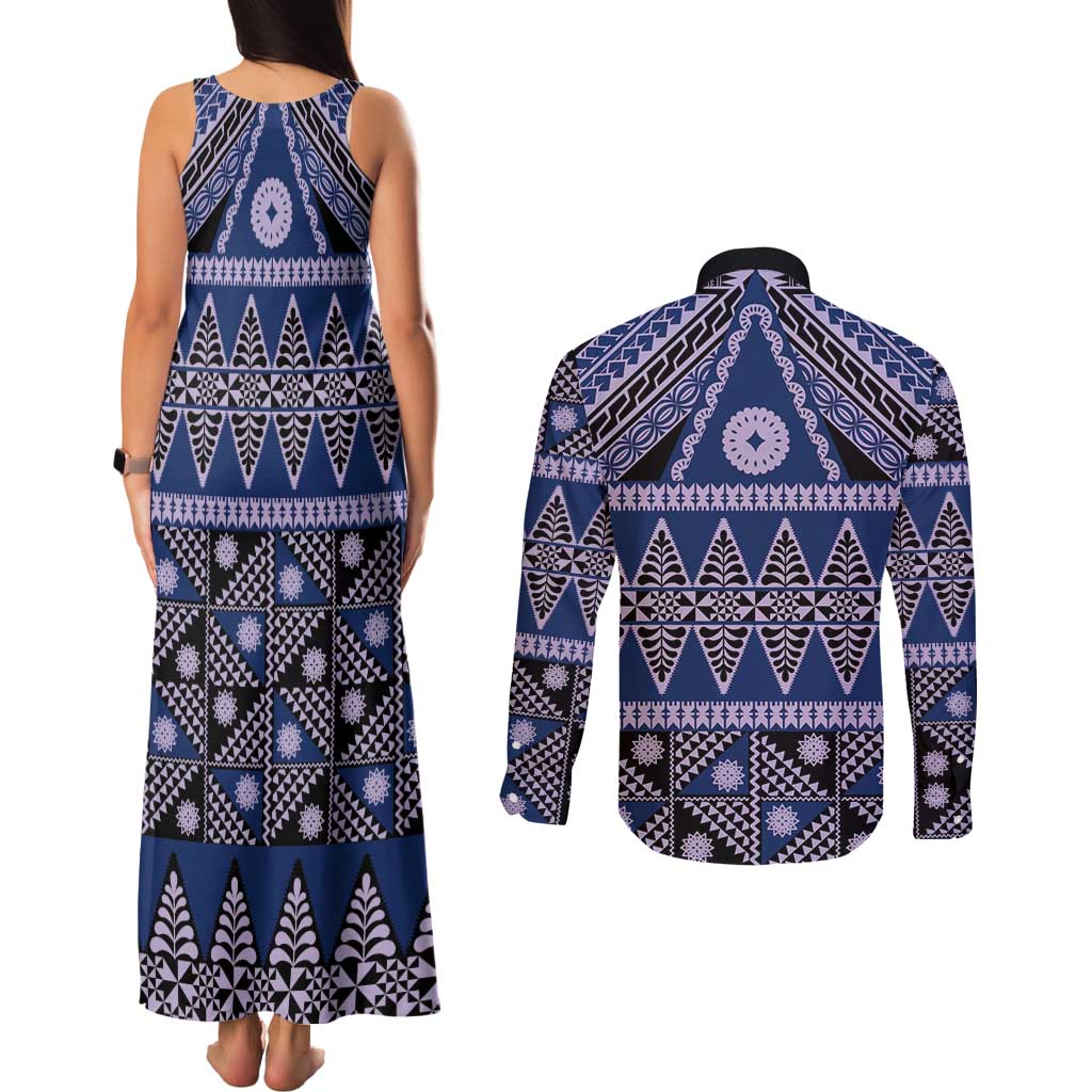 Vintage Bula Fiji Couples Matching Tank Maxi Dress and Long Sleeve Button Shirt Prussian Blue Tapa Masi Motif LT9 - Polynesian Pride